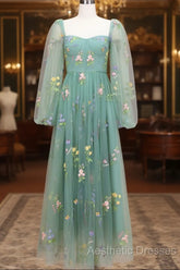 Green A-Line Sweetheart Green Tulle Lace Long Evening Prom Dresses, Green Formal Dresses